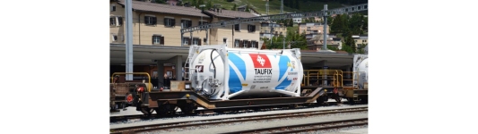 BEMO 2289149 - H0m - Streusalz-Containertragwagen Sb-v 7729 Taufix, RhB, Ep. VI